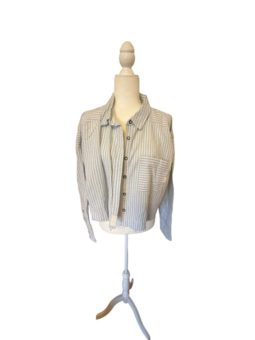We The Free Cropped Striped Button-Down Shirt in Light Blue and White